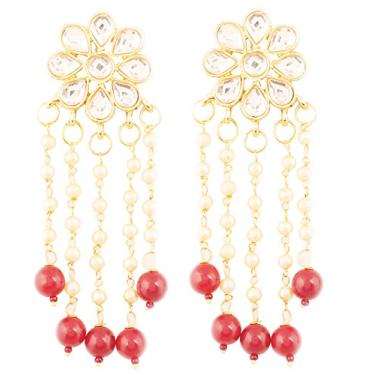 Imagem de NOVO! Touchstone "Devsena Bahubali Collection" Indian Bollywood Royal Mughal Kundan Polki Pérolas e Gotas Longas Estilosas Noivas Designer Brincos em Tom Dourado Para Mulheres. 3.50 inches Vermelho