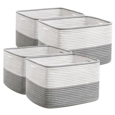 Imagem de UBBCARE Pacote Com 4 Cestos Para Organização, Armazenamento De Brinquedos E Toalhas, Cesto Retangular Corda Algodão Alças, 38 Cm Comprimento X 25 Largura 23 Altura, Cinza