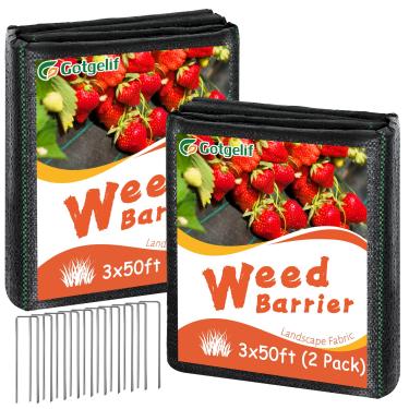 Imagem de Tecido de paisagem de barreira de ervas daninhas de 90 g x 30,5 m, geotêxtil resistente de 90 g com 20 pinos em forma de U e linhas de corte pré-impressas, forro de cama de jardim Colth para paisagem