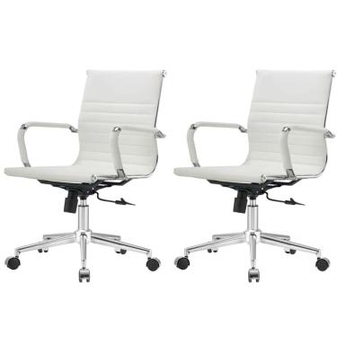 Imagem de Kit 2 Cadeiras Giratória Baixa Office Manhattan Esteirinha Fratini Revestida em (pu) Branco Base Rodízio