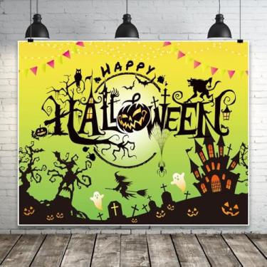 Imagem de Pano de fundo Happy Halloween 3 x 2,4 m, verde, para festa de Halloween, castelo assombrado, fantasma, cemitério, lanterna de abóbora, foto de bruxa, para crianças, adultos, decoração de festa