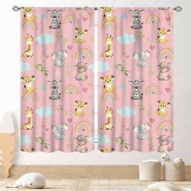 Imagem de TKUYO Cortinas de animais de safári para crianças, desenhos animados, girafa, elefante, macaco, floresta, floresta, rosa, cortina, tratamentos para meninos, meninas, bebê, sala de estar, quarto