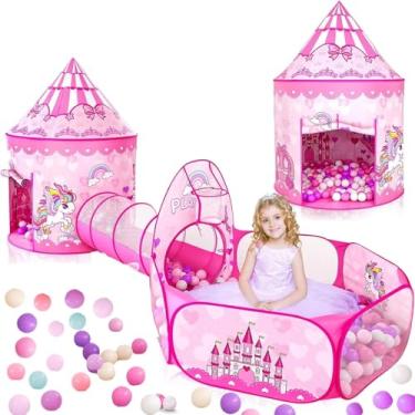 Imagem de Barraca infantil Menina com Túnel Tema Unicórnio – Tenda Dobrável com Piscina de Bolinhas, Cesta de Basquete, Design Colorido e Espaçoso para Brincar em Casa ou Área Externa