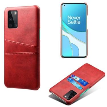 Imagem de Capas Compatível com Oneplus 8T,Caso de couro PU-Tampa de telefone a prova de choque com 2 slots de cartão,Proteção anti-impressão digital e anti-gota-Red