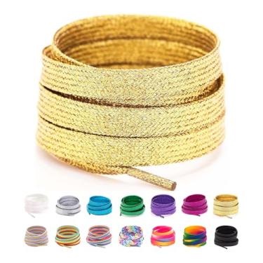 Imagem de Booyckiy Cadarços de tênis modernos coloridos planos de 78,7 a 180 cm, cadarços gradientes de arco-íris, Glitter dourado, 55inch (140cm)