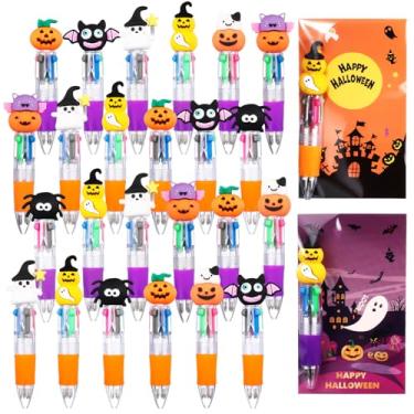 Imagem de Gilprop Conjunto de 50 canetas esferográficas multicoloridas retráteis de Halloween de 0,7 mm, 4 em 1, abóboras de Halloween com sacos de presente para lembrancinhas de festa de doces ou travessuras