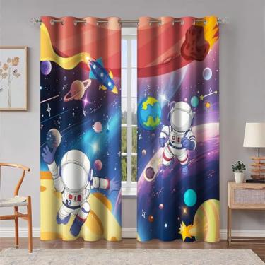 Imagem de HIYSMT Cortinas de espaço sideral para quarto de crianças, 13,420 cm, foguete de astronauta, meteorito de outono, cortina blackout com estrelas de planetas cósmicos, cortinas estampadas para sala de