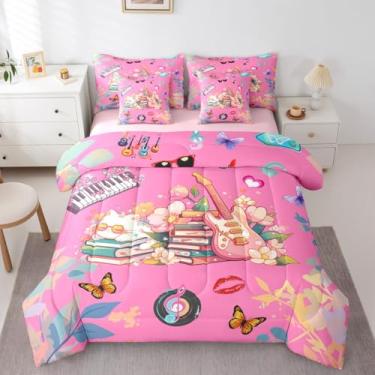 Imagem de Erosebridal Jogo de cama com estampa de desenho animado de gato, 7 peças, para mulheres, meninas, romântico, moderno, música, lençol com elástico, lençol de cima, decoração de coração