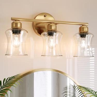 Imagem de Tribesigns Luminárias de banheiro douradas de 3 luzes, luzes de parede modernas com persianas de vidro transparente, luminária de parede dourada para banheiro para espelho quarto sala de estar armário