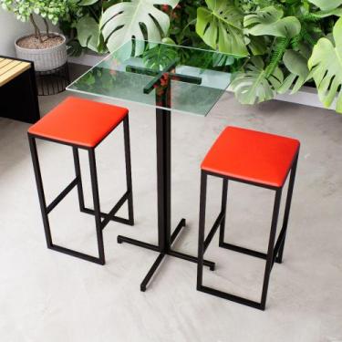Imagem de Conjunto Mesa Alta Bar Bistrô Quadrada Vidro 2 Bancos Estofado Industr