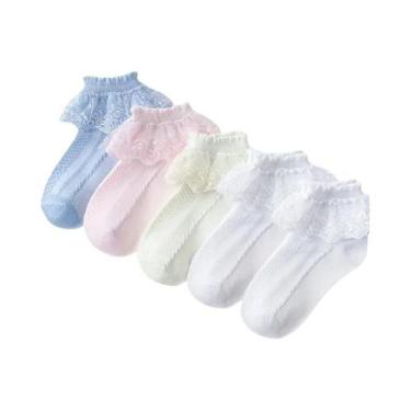 Imagem de Meias De Algodão Com Babados E Renda Para Meninas, 5 Pares, Respirávei