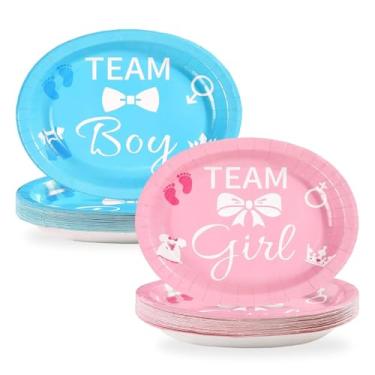 Imagem de 50 peças de pratos ovais de papel reveladores de gênero 25,4 x 30,5 cm, grandes, descartáveis, resistentes, equipes, meninos, meninas, pratos de sobremesa, azul e rosa, para chá de bebê, artigos de