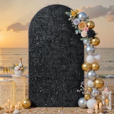 Imagem de Capa de fundo de arco preto de 2,2 m, borla metálica brilhante de 2 lados, elastano ajustada para suporte redondo Chiara - capa de arco de balão para casamento, festa de aniversário, chá de bebê