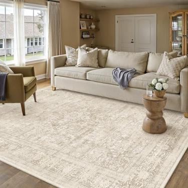 Imagem de PureCozy Tapete lavável para sala de estar, quarto, antiderrapante, para uso interno, vintage, desgastado, grande, creme fino, bege, sala de jantar, escritório, medalhão