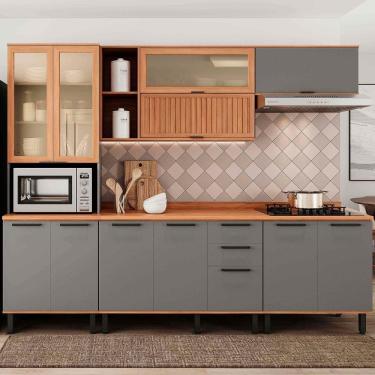 Imagem de Armário de Cozinha Castanha 2700mm com Ripado e Vidro 5 Peças Cinza/Freijó