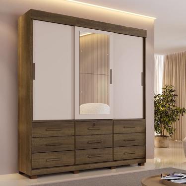 Imagem de Guarda Roupa Casal com Espelho 3 Portas de Correr 9 Gavetas com Pés Londres Benetil