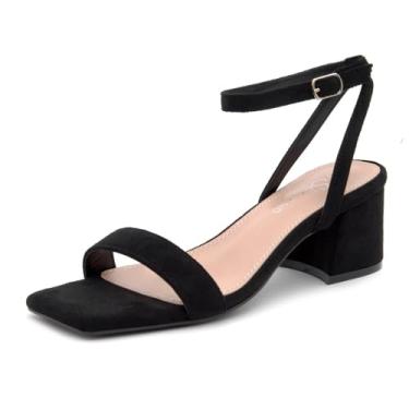 Imagem de Shoe Land Salto baixo feminino – bico quadrado aberto tira no tornozelo salto grosso | Sandálias sociais com laço duplo para casamento, noiva e festa, 2501 preto, 38