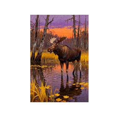 Imagem de Quadro arte parede outono-Veado árvore lago Impressões em tela paisagens-Pintura animais para sala estar decoração fazenda 20x30cm Sem Moldura