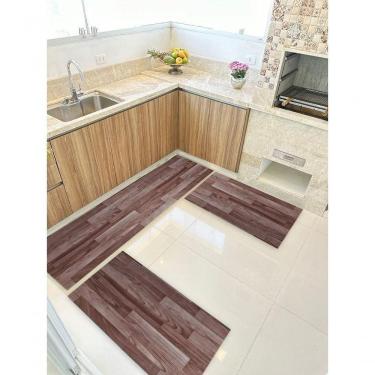 Imagem de Kit 3 Peças Jogo Cozinha Passadeira Manta Vinilico Laminado Madeira Marrom Escuro