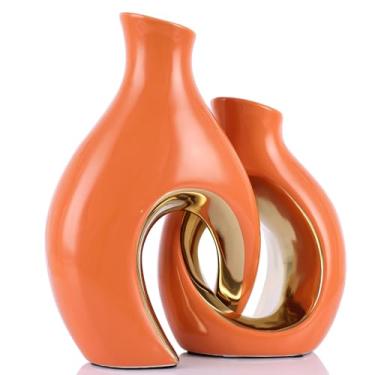 Imagem de Conjunto de vasos de cerâmica laranja e dourado para decoração de casa, vasos de donut vazados abstratos modernos para mesa de sala de estar, vaso de flores de grama de pampas boêmio, centro de mesa