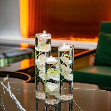 Imagem de Phalaenopsis artificial enchimento de vaso de vidro três buquês orquídeas com velas flutuantes para mesa centro de mesa casamento ou festa na piscina, cozinha, casa de banho, bar, restaurante
