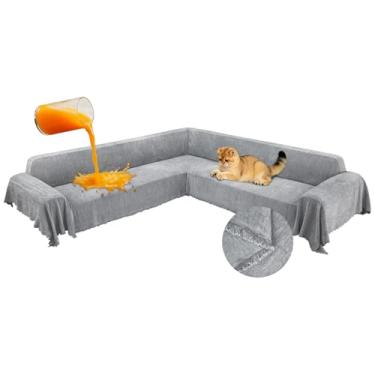 Imagem de ROFASVCO 1OO% capa de sofá seccional de canto à prova d'água em forma de L com borla, macia, grossa, lavável, protetor de móveis para cães de estimação (231 cm x 701 cm, cinza prateado)