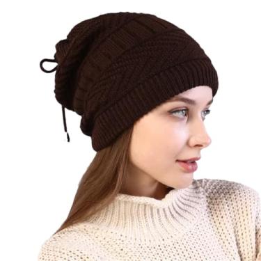 Imagem de Gorro feminino de malha elástica sólido cachecol quente para inverno, Marrom escuro, tamanho �nico