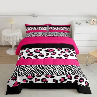 Imagem de jejeloiu Conjunto de edredom Queen com estampa de leopardo, guepardo e zebra, para crianças, meninos, meninas, listras geométricas, rosa, decoração de quarto, 3 peças com 2 fronhas