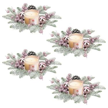 Imagem de Guirlandas de anéis de vela de Natal, guirlandas pequenas de 8,9 cm para armário de cozinha com bolas, pinhas, agulhas de pinheiro e frutas silvestres para decoração de mesa de Natal em casa (4, rosa)