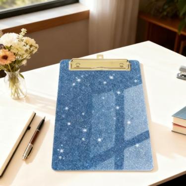 Imagem de Pranchetas de acrílico com glitter, quadro brilhante com clipe dourado de perfil baixo, projetado para escrita, desenho A4 tamanho 5,9 x 9,9 cm, azul