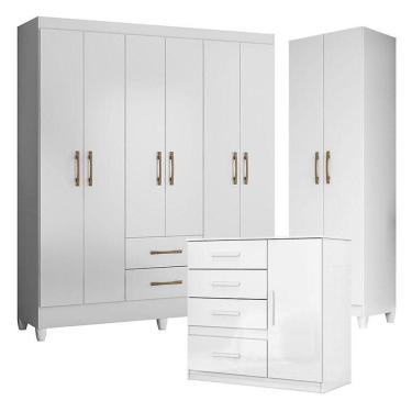 Imagem de Guarda Roupa Casal Panamá Com Cômoda Vênus E Armário Multiuso New íris Branco Brilho– Moval