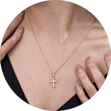 Imagem de Colar feminino com pingente de cruz de ouro banhado a aço inoxidável 18K com detalhes em zircônia, vários estilos de cruz, joia em camadas para presente, 14 Inches, Aço inoxidável, Sem Pedra Preciosa