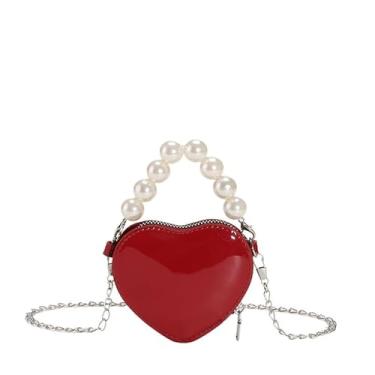 Imagem de Bolsa transversal em forma de coração, bolsa de alça de corrente com detalhes de pérola, mini bolsa de ombro exclusiva para mulheres, Vermelho, Medium, Moderno