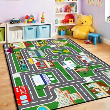 Imagem de Tapetes de carro para crianças de brinquedo, tapete verde para carro, trânsito, estrada, para quarto de crianças, quarto, sala de jogos, berçário, decoração de quarto, 7,5 x 1,5 m