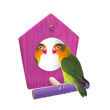 Imagem de Espelho de papagaio de pássaro com poleiro, balanço de madeira natural, bico colorido de areia para papagaio pequeno, calopsita, periquito, periquito, periquito (em forma de estrela)