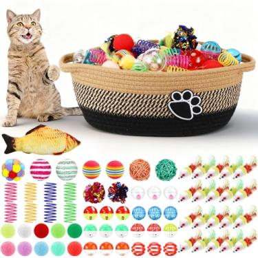 Imagem de Sosation Conjunto de 70 peças de bolas de gato, brinquedos para gatos em ambientes fechados, cesta de armazenamento de 29 cm, pequenos brinquedos interativos divertidos, incluindo ratos arco-íris