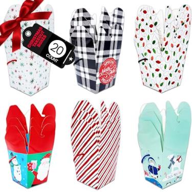 Imagem de Caixas de presente de doces de Natal, 20 caixas de guloseimas de Natal a granel, designs variados de Natal, caixas de papel vermelhas e verdes com alça de cordão, caixas de presente para crianças