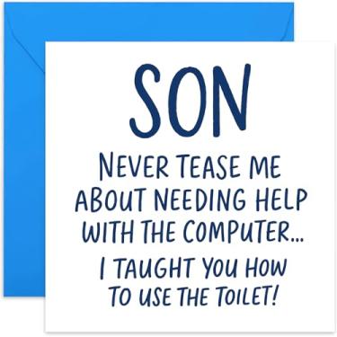 Imagem de Cartões de aniversário engraçados para filho, ensinaram a usar o vaso sanitário, design rude e atrevido para ele - quadrado, em branco por dentro com envelope premium