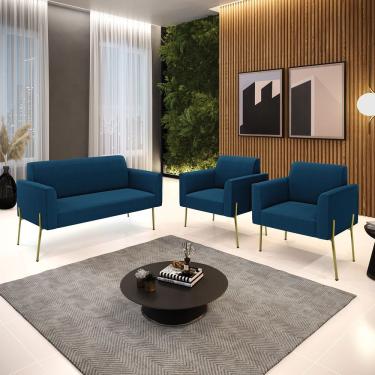 Imagem de Namoradeira E 2 Poltronas Pé Ferro Dourado Marisa Bouclê D03 - D'rossi Cor Azul