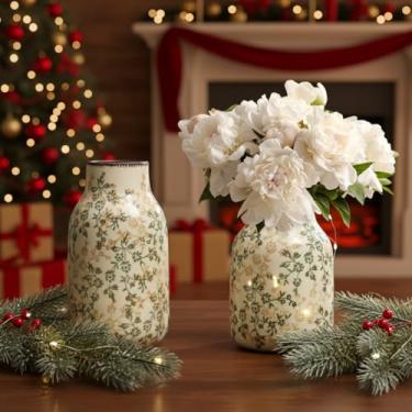 Imagem de Ninehaoou 2 peças de vaso de cerâmica vintage verde e bege, 24 cm e 19 cm, vaso floral rústico, fazenda, vasos grandes para casa, sala de estar, estante, mesa, centro de mesa, decoração chinoiserie