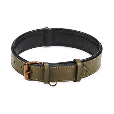 Imagem de Coleira para cachorro de couro real acolchoada interior macio com visual vintage premium feito à mão com anel de etiqueta para animais de estimação pequenos médios e grandes (grande (3,81 cm de largura para 41,91 cm - 52,1 cm de pescoço), oliva)