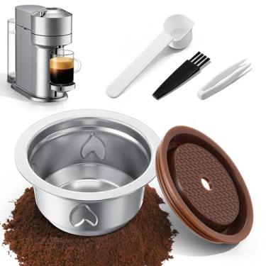 Imagem de Dunkive Kit de cápsulas de café reutilizáveis, cápsula de café de aço inoxidável de 230 ml, compatível com máquinas Nespresso Vertuo, inclui tampa de silicone, pinça, colher e escova de limpeza