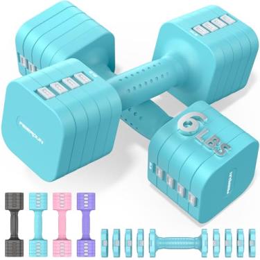 Imagem de FEIERDUN Conjunto de 2 halteres ajustáveis 5 em 1, pesos de mão de 5,4 kg/2,7 kg para mulheres, conjunto de halteres estáveis duplos de ajuste 1s para mulheres, academia em casa e ao ar livre, azul