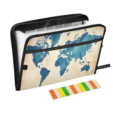 Imagem de Wassud Aquarela Mapa-múndi com 13 bolsos, organizador de arquivos sanfonados, pastas de arquivos expansíveis com abas e adesivos, tamanho carta A4, papel e recibo de documentos, organizador de pastas