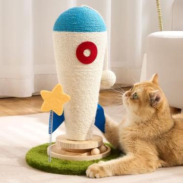 Imagem de 61 cm de altura, poste arranhador de gato, cenoura com erva de gato, lindo arranhador para gatos com toca-discos de madeira natural durável, design em forma de cenoura azul, arranhador de sisal para