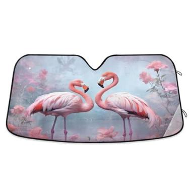Imagem de Wassud Flamingos rosa em lavanda pára-brisa de carro pára-brisa, persianas refletivas de janela frontal de carro, protetor de viseira de sol bloqueia raios UV, persiana dobrável sanfonada para carro