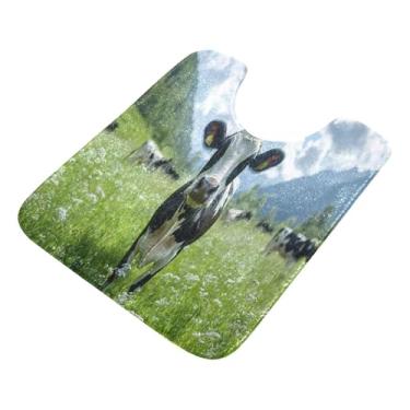 Imagem de Burbuja Tapete de banheiro de vaca leiteira, tapete de banho absorvente de pelúcia macio, base antiderrapante para piso de banheiro, oval em forma de U