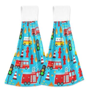 Imagem de Toalhas de mão com laço para pendurar lindos caminhões de bombeiros de desenho animado azul conjunto de 2, toalha de cozinha macia absorvente de outono fofa, 46 x 35 centímetros