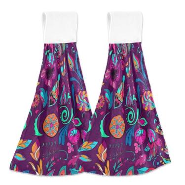 Imagem de Toalhas de cozinha de mão com laço para pendurar colorido floral irregular redemoinhos impressão toalha de banho conjunto de 2, toalha de cozinha absorvente macia fofa decorativa, 18,2 x 14 polegadas