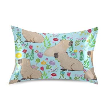 Imagem de Lindas capivaras flores coloridas fronhas de cetim engraçadas refrescantes King Queen fronhas padrão estampa floral capa de almofada macia tamanho Queen 76,2 cm x 50,8 cm